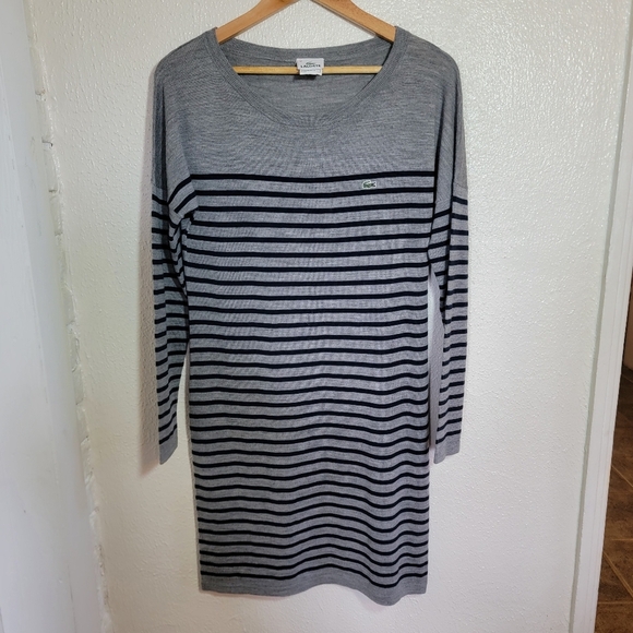 Lacoste Dresses & Skirts - Lacoste 100% Wool Striped Sweater Knit Dress sz 12 Navy Gray Nautical Old Money